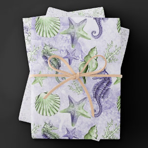 Feuille De Papier Cadeau Coastal Chic   Mélange pourpre et vert sous la mer