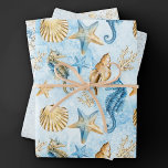 Feuille De Papier Cadeau Coastal Chic | Moderne Bleu et Or sous la mer<br><div class="desc">Le design de la plage "sous la mer", peint à la main en bleu poussiéreux et or, apporte une touche moderne à un vieux thème. La collection présente des coquillages, des étoiles de mer, un hippocampe et un récif corallien complétant les tons bleu, or et blanc cassé avec une pointe...</div>