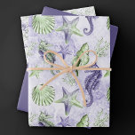 Feuille De Papier Cadeau Coastal Chic | Plaisir violet et vert sous la mer<br><div class="desc">Le design de la plage de lavande blanc violet et vert citron peint à la main "sous la mer" apporte une touche moderne à un vieux thème. La collection comprend des coquillages, des étoiles de mer, un hippocampe et un récif corallien qui complètent les tons violets et verts profonds avec...</div>