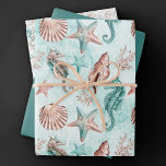 Feuille De Papier Cadeau Coastal Chic | Turquoise et Coral Reef Pastel Moti<br><div class="desc">Elégant turquoise foncé, vert menthe, et or rose en cuivre peint à la main aquarelle nautique "sous la mer" design de plage apporte une touche moderne à un thème ancien. La collection comprend des coquillages, des étoiles de mer, un hippocampe et un récif corallien qui complètent les nuances de vert...</div>