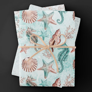 Feuille De Papier Cadeau Coastal Chic   Turquoise et Coral Reef Pastel Moti