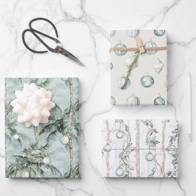 Feuille De Papier Cadeau Coastal Christmas Watercolor Palms & Seashells (Recto)