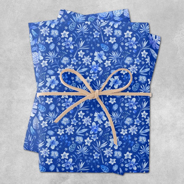 Feuille De Papier Cadeau Cobalt Blue Tropical Flowers and Leaves 3 Patterns (Créateur téléchargé)