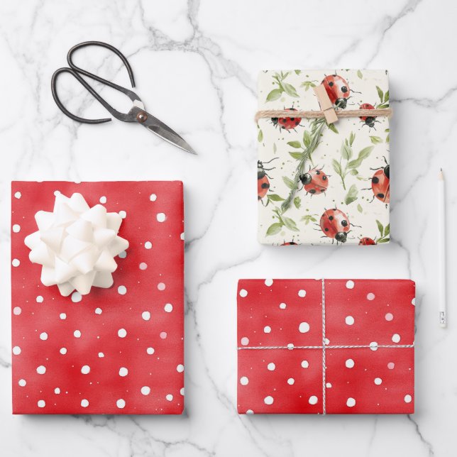 Feuille De Papier Cadeau Coccinelle Rouge Points Blancs Anniversaire (Recto)