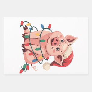 Feuille De Papier Cadeau Cochon aux lumières de Noël portant un chapeau de