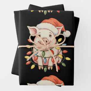 Feuille De Papier Cadeau Cochon de Noël Lumières de Noël Père Noël Foin Sai