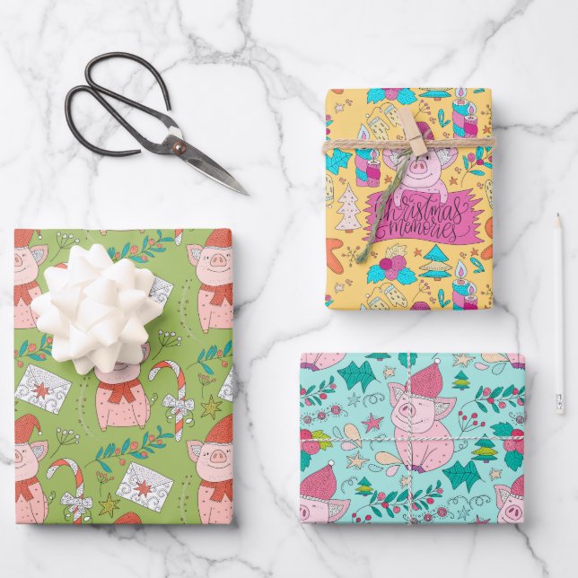 Feuille De Papier Cadeau Cochons de Noël Festifs (Recto)