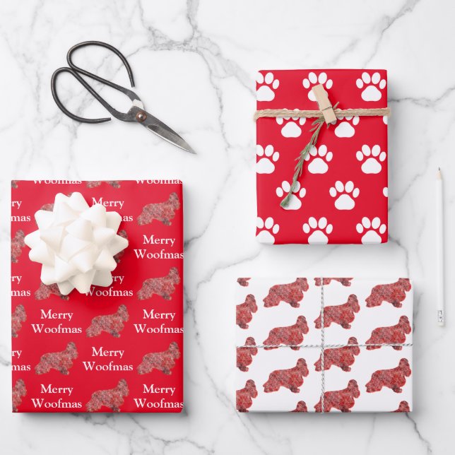 Feuille De Papier Cadeau Cocker Spaniel Chien Silhouette Rouge Joyeux Woofm (Recto)