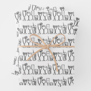 Feuille De Papier Cadeau Cocktail Whimsical Boissons Vin Party B&W Cadeau