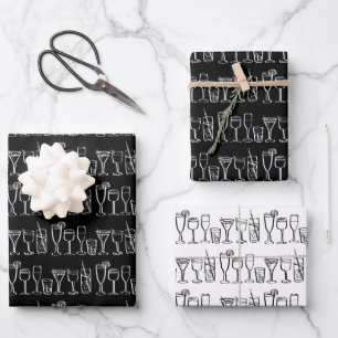 Feuille De Papier Cadeau Cocktail Whimsical Boissons Vin Party B&W Cadeau