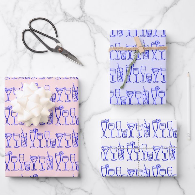 Feuille De Papier Cadeau Cocktail Whimsical Boissons Vin Party Blue Cadeau (Recto)
