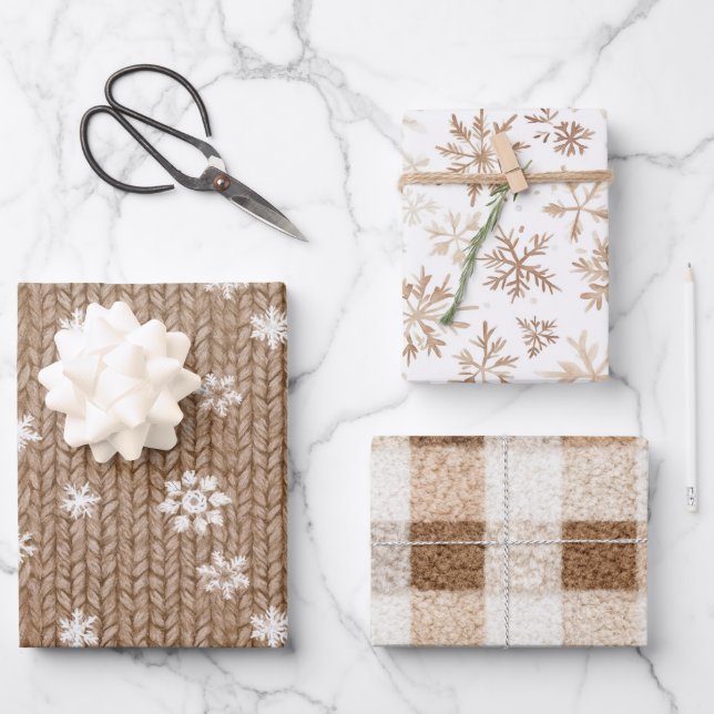 Feuille De Papier Cadeau Cocoa Cream Snowflakes Plaid Stripes Christmas (Recto)