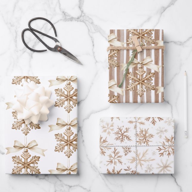 Feuille De Papier Cadeau Cocoa Cream Snowflakes Stripes Christmas  (Recto)