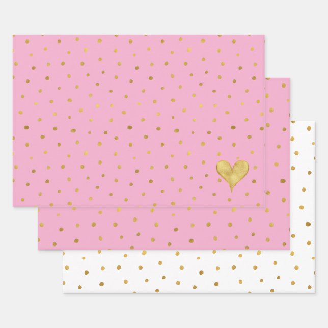 Feuille De Papier Cadeau Cœur Anniversaire Points Blanc Rose Or (Lot)