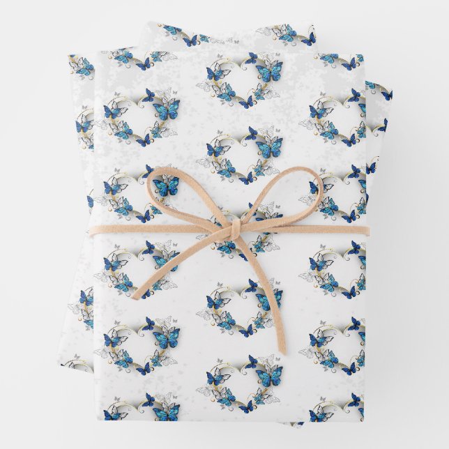 Feuille De Papier Cadeau Coeur bijoux avec papillons Morpho (En situation)