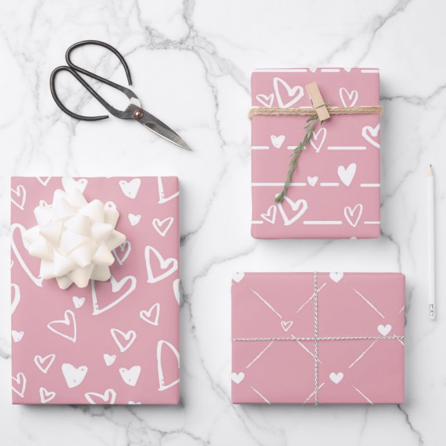 Feuille De Papier Cadeau Cœur blanc rose (Recto)