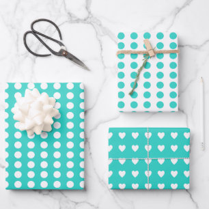 Feuille De Papier Cadeau Coeur Pois blanc turquoise