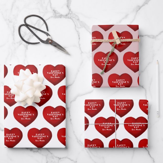 Feuille De Papier Cadeau Coeur rouge romantique avec nom Saint Valentin`s D (Recto)
