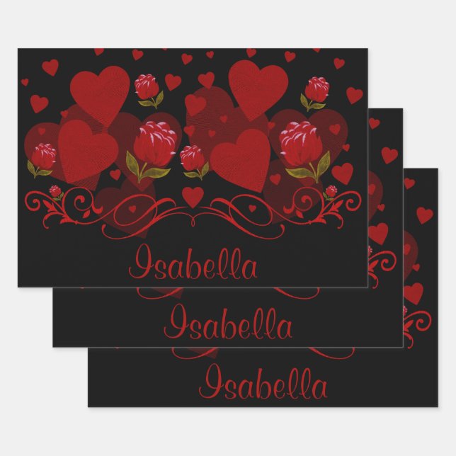 Feuille De Papier Cadeau Coeur rouge, roses rouges pour la Saint Valentin (Lot)