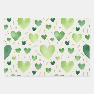 Feuille De Papier Cadeau Cœurs aquarelle verts et paillettes dorées