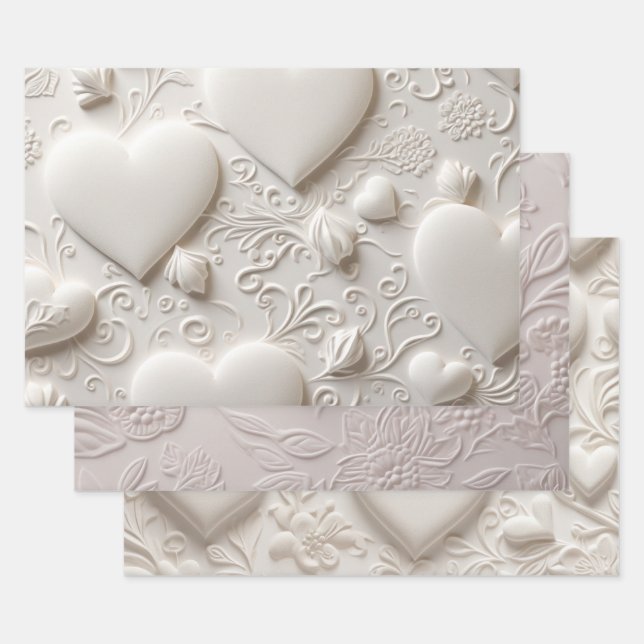 Feuille De Papier Cadeau Coeurs Blancs (Aspect Embossé) (Lot)