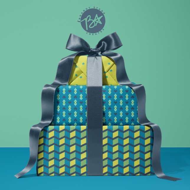 Feuille De Papier Cadeau Coeurs d'amour géométrique, points et bandes de ch (Créateur téléchargé)