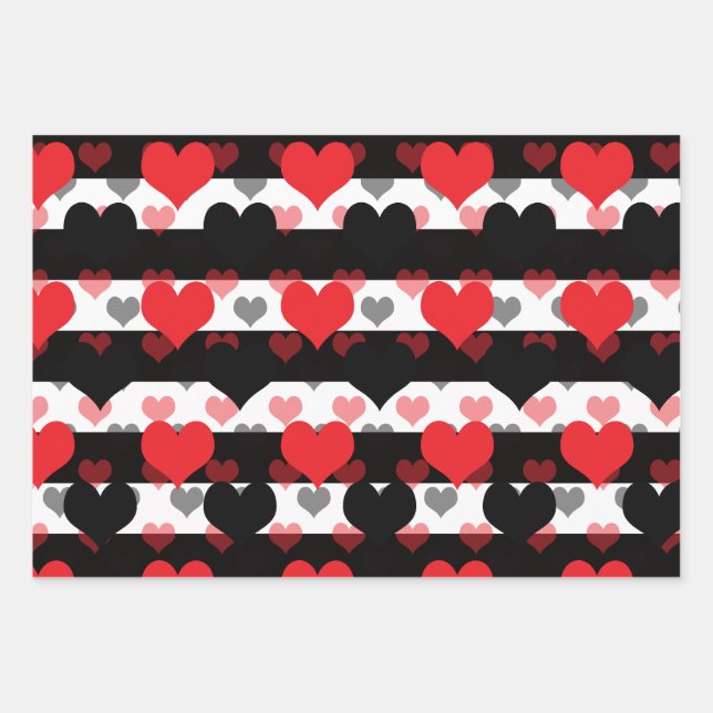 Feuille De Papier Cadeau Coeurs d'Amour Noir Rouge Avec Blancs Noir (Devant)