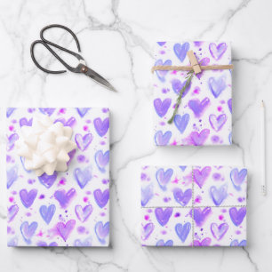 Feuille De Papier Cadeau Coeurs d'aquarelle passion violet