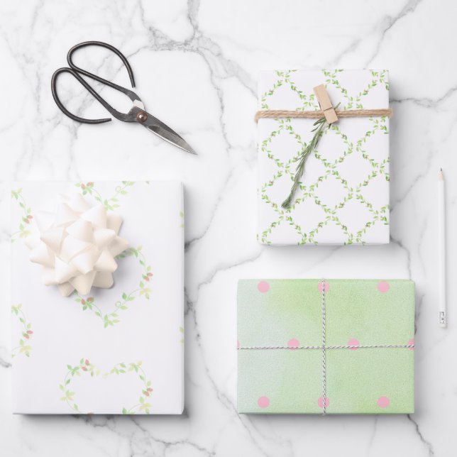 Feuille De Papier Cadeau Cœurs de lierre, treillis et points assortis (Recto)