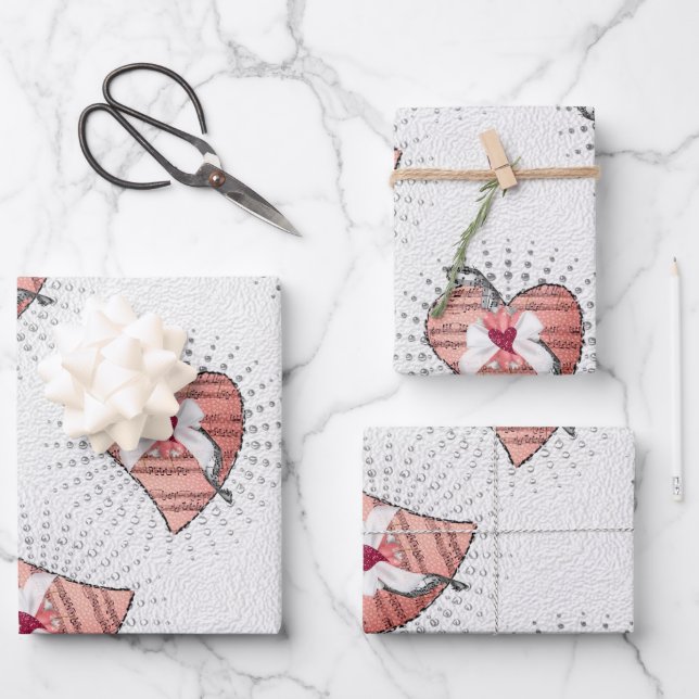Feuille De Papier Cadeau Coeurs de notes musicales roses (Recto)