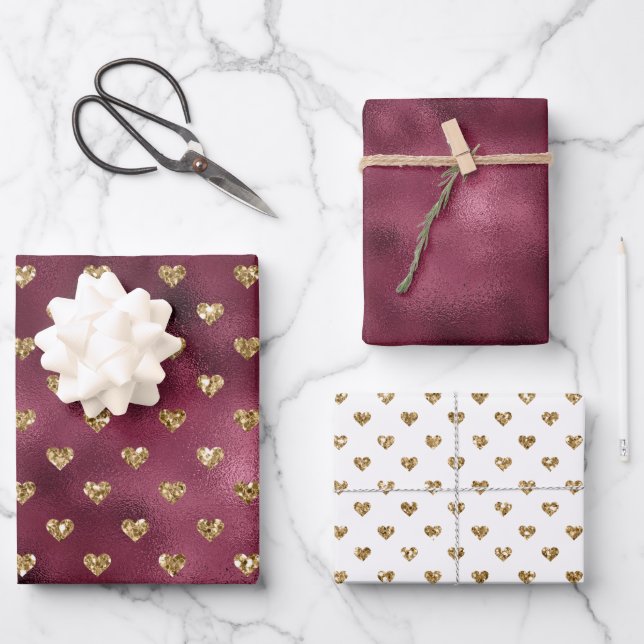 Feuille De Papier Cadeau Coeurs de Parties scintillant Red Gold (Recto)