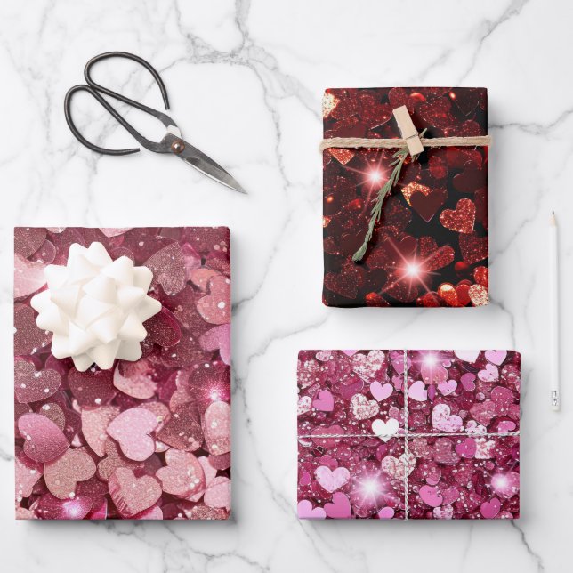 Feuille De Papier Cadeau Coeurs de Parties scintillant rouge Bourgogne (Recto)