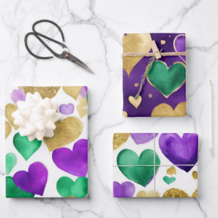 Feuille De Papier Cadeau Cœurs élégants violets, verts et dorés Mardi Gras