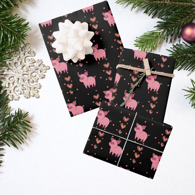 Feuille De Papier Cadeau Coeurs et cochons roses mignons (Créateur téléchargé)