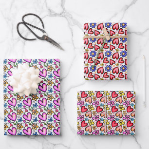 Feuille De Papier Cadeau Coeurs et fleurs colorés amusants