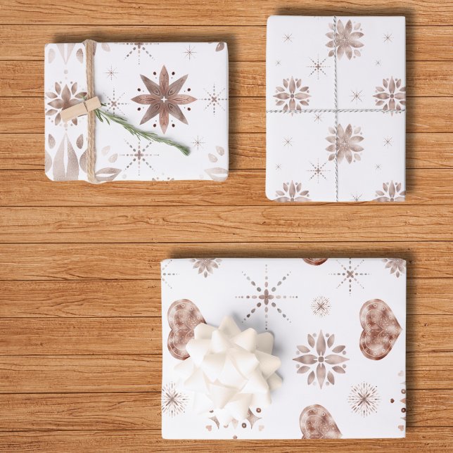 Feuille De Papier Cadeau Coeurs et fleurs Roses en or sur blanc (Elegant Hand Drawn Watercolor White Wrapping Paper Sheets)