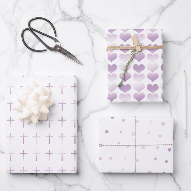 Feuille De Papier Cadeau Coeurs et points croisés de la lavande de communio (Recto)