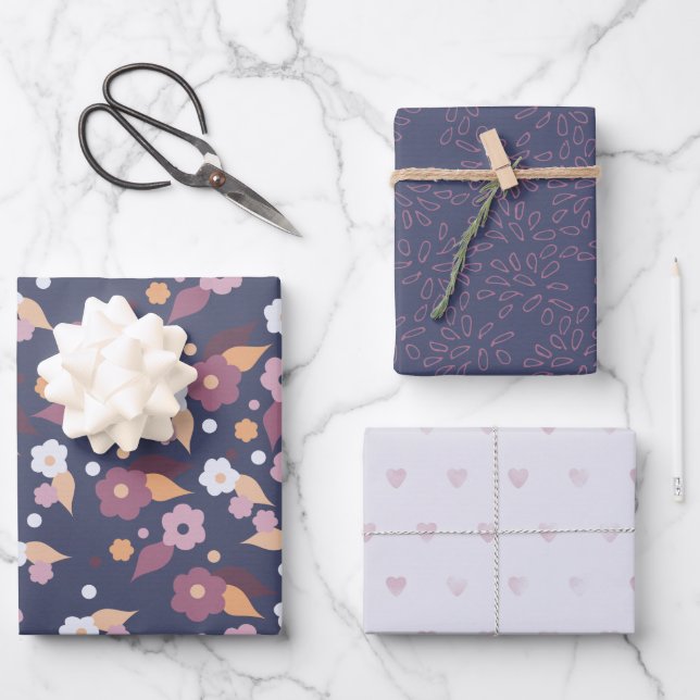 Feuille De Papier Cadeau Coeurs floraux mauves Mélange et colle (Recto)