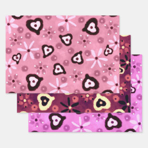 Feuille De Papier Cadeau Cœurs Floraux Nuances de Rose Motif Découpage