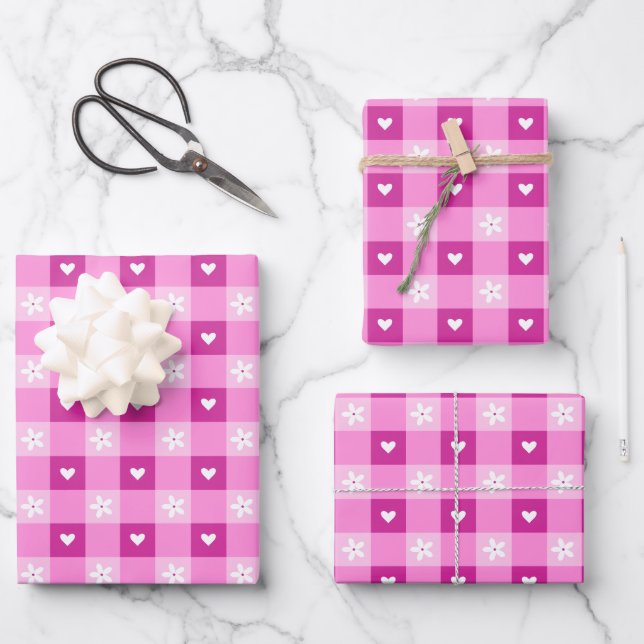 Feuille De Papier Cadeau Cœurs Floraux Roses (Recto)