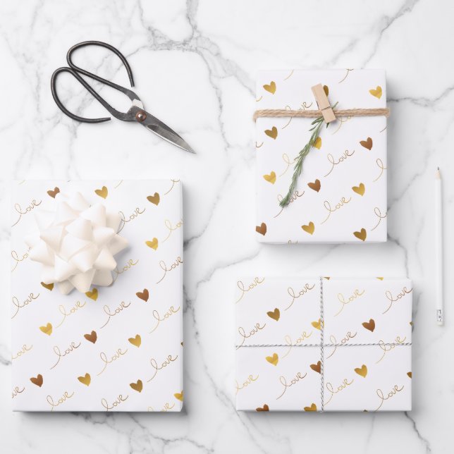 Feuille De Papier Cadeau Cœurs mignons et amour écriture Saint-Valentin Or (Recto)