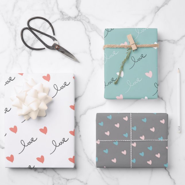 Feuille De Papier Cadeau Coeurs mignons & Love Script Valentines Day (Recto)