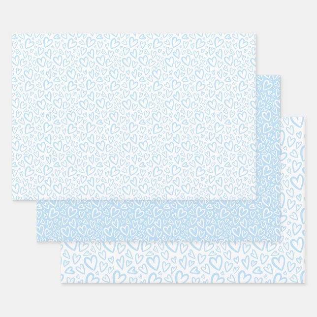 Feuille De Papier Cadeau Coeurs mignons tirés à la main Motif Bébé Bleu (Lot)
