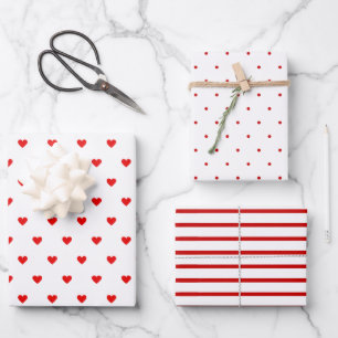 Feuille De Papier Cadeau Cœurs modernes rouges et blancs Rayures pois 3