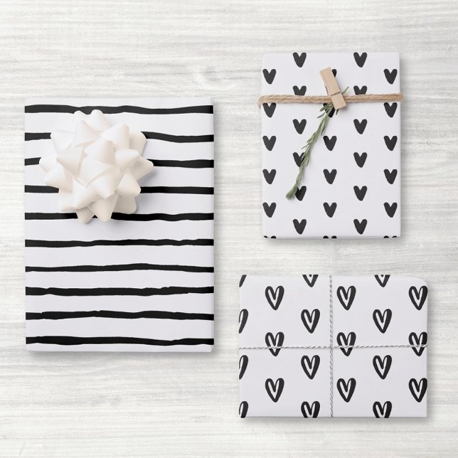 Feuille De Papier Cadeau Cœurs noir et blanc (Créateur téléchargé)