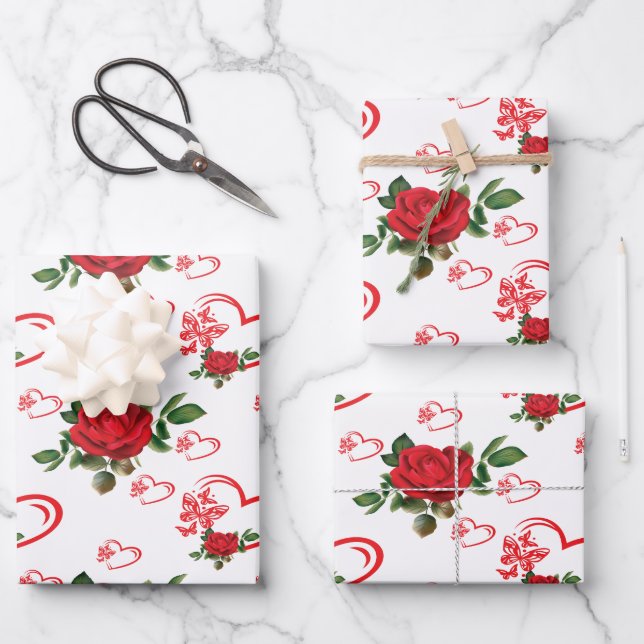 Feuille De Papier Cadeau Cœurs Papillons et Fleurs (Recto)
