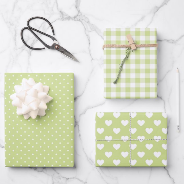 FEUILLE DE PAPIER CADEAU COEURS PASTEL VERT & BLANC CHÈQUES POIS (Recto)