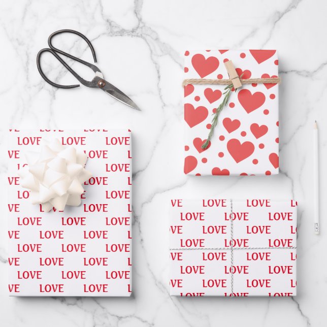 Feuille De Papier Cadeau Coeurs rouges et blancs Amour moderne Saint Valent (Recto)
