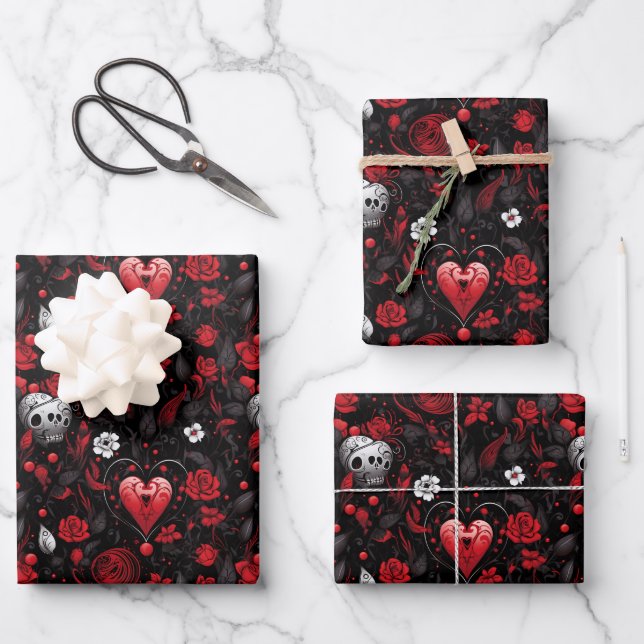 Feuille De Papier Cadeau Cœurs rouges et roses gothiques  (Recto)