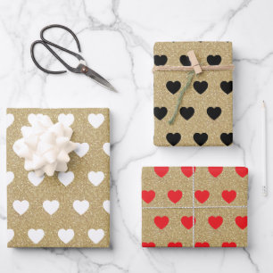Feuille De Papier Cadeau Coeurs rouges noirs blancs, étincelles de Parties